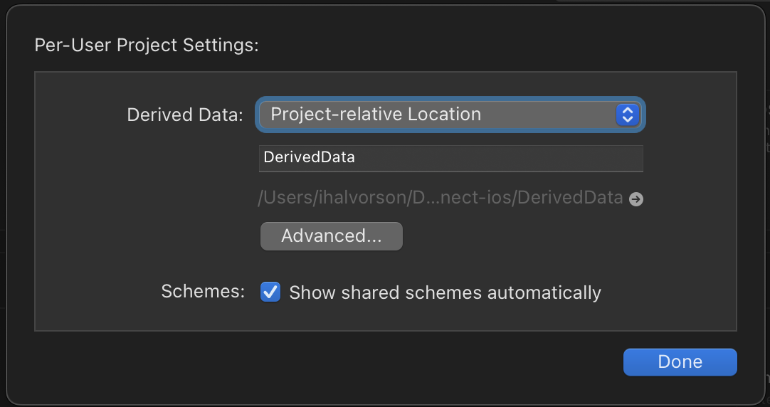 The project settings window, with the "Project-relative Location" option set