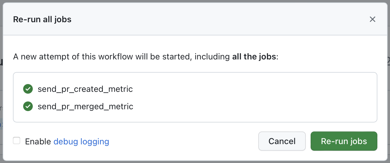 The "Re-run jobs" pop-up within GitHub Actions, showing the "Enable debug logging" check box at the bottom